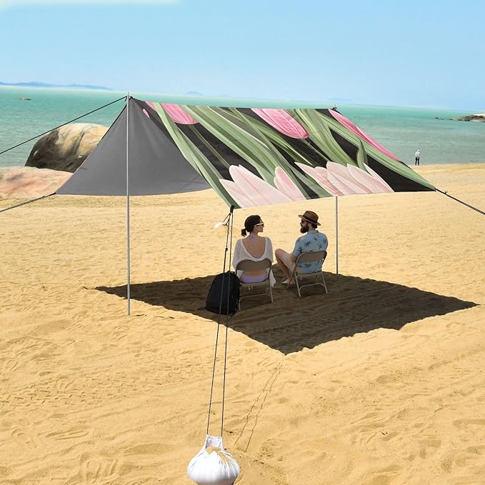ALAZA Pink Tulips on Black Beach Tent Sun Shelter Portable Canopy Sunshade for Outdoor Camping Picnics Backyard Fun 10x9 ft