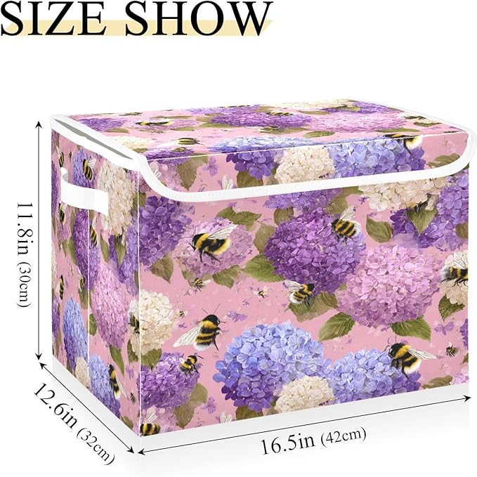 Storage Bins With Lid Stackable Fabric Closet Organizer Clothing Storage Large Boxes For Closet Shelves Bedroom Purple Bees and Hydrangeas
