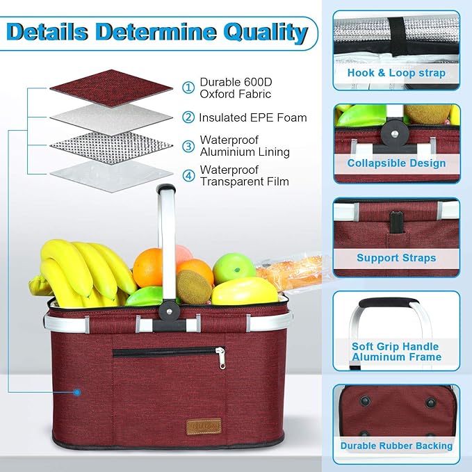 LIQING 35L Large Picnic Basket 2 Layers of Internal Pockets Leak-Proof and Insulated Folding with Internal Support for enhansed Stability Wedding Gifts for Couple(Wine red)