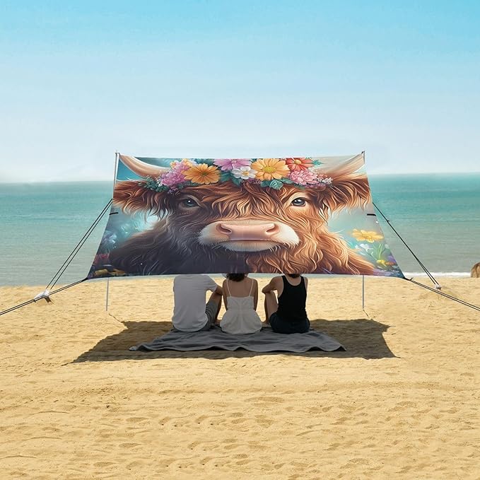 ALAZA Highland Cow Flowers Beach Tent Sun Shelter Portable Canopy Sunshade for Outdoor Camping Picnics Backyard Fun 10x9 ft