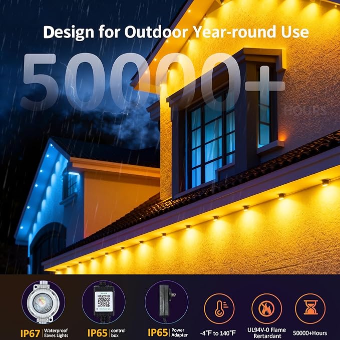 DIERLIGHT RGB Permanent Outdoor Lights 200FT Smart LED Eaves Lights with APP &amp Remote Control IP67 Waterproof Outdoor String Lights for Christmas HalloweenParty Garden Patio House Decor
