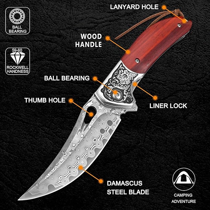 KOMWERO Damascus Pocket Knife for Men Women Sharp VG10 Core Damascus Steel Knife for Outdoor Camping Survival Hunting - Wood Handle Ball Bearing Leather Sheath Liner Lock