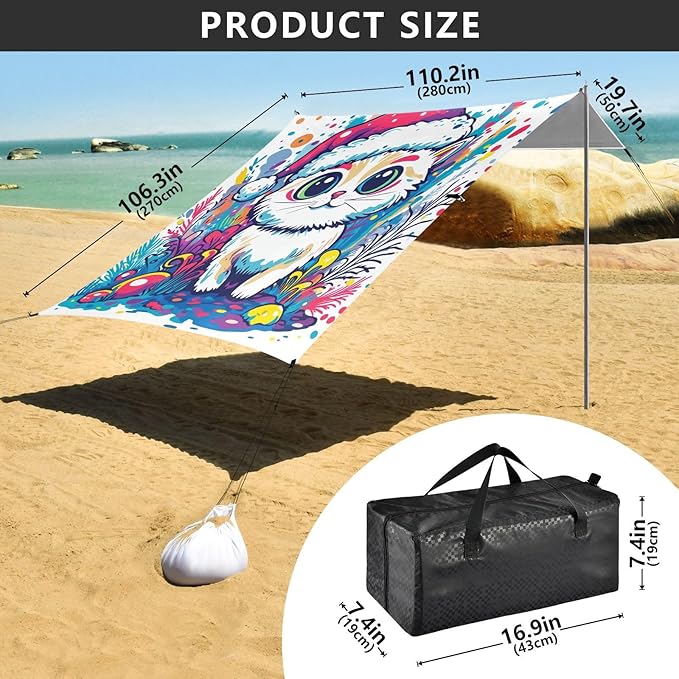 Chic Ragdoll Cat1 Beach Canopy UPF50+ Protection Lightweight Shade Sun Shelter with Sand Shovel Sandbags for Camping Picnics Backyard &amp Fishing