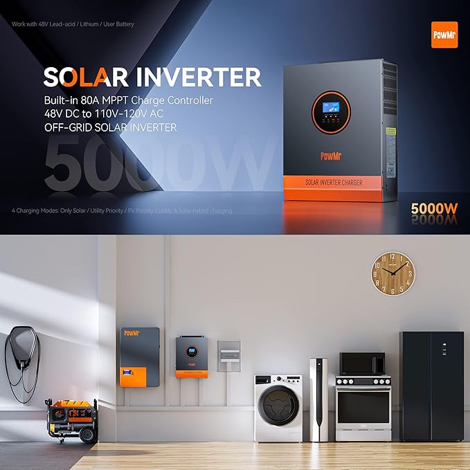 PowMr 5000W Solar Inverter 48V DC to 110V AC Pure Sine Wave Output with 80A MPPT Charge Controller Max.PV Input 5500W 500VDC fit for 48V Lead-Acid and Lithium Batteries RVOff-Grid System