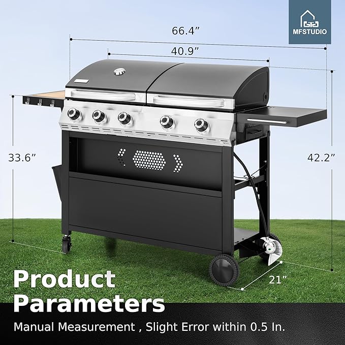 MFSTUDIO 5 Burner Gas Grill Griddle Combo with Porcelain-Enameled Cast Iron GratesCutting Board and Double Lids Duel-Function Propane BBQ Grills with Flat Top Grddle for Outdoor Barbecue Cooking