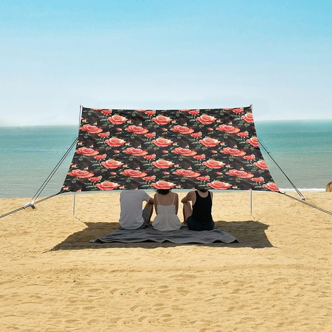 ALAZA Red Rose Flowers Floral Beach Tent Sun Shelter UPF50+ Protection Beach Shade Canopy w/ 4 Sandbags for Outdoor Camping Fishing Backyard Fun Picnic 10x9 ft