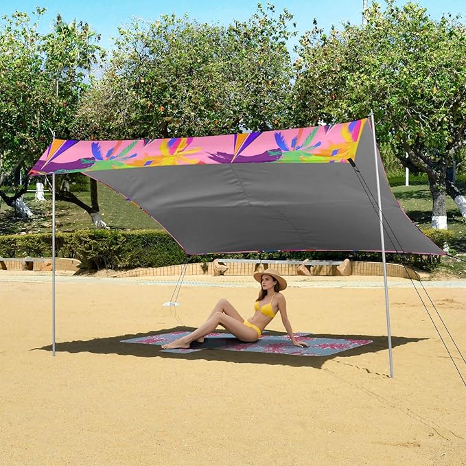 Beach Canopy with Windproof Ropes &amp Sandbags Beach Tent Sun Shade Sun Shelter for Camping Trips Fishing Backyard Fun or Picnics Palm Tree