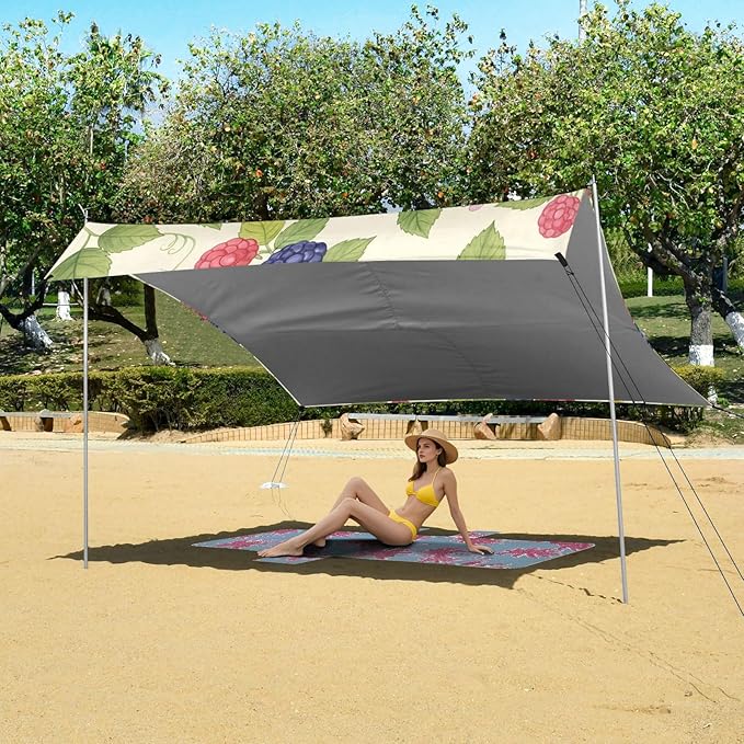xigua Raspberry Beach Tent Sun Shelter with Carrying Bag - Silver Coated Oxford Fabric Beach Canopy for Beach Camping Fishing - Includes Windproof Ropes Sandbags &amp Stakes