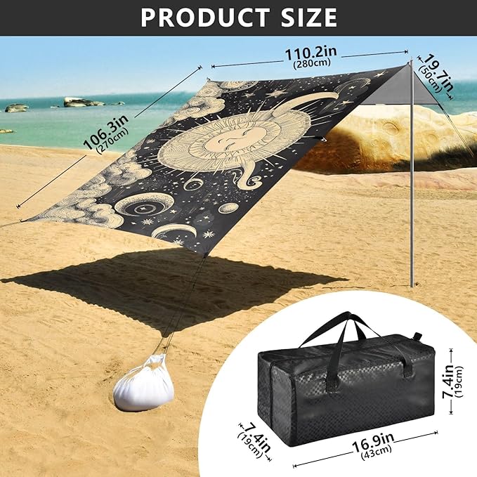 ALAZA Hand Drawn Sun Moon Clouds Beach Tent Sun Shelter UPF50+ Protection Beach Shade Canopy w/ 4 Sandbags for Outdoor Camping Fishing Backyard Fun Picnic 10x9 ft