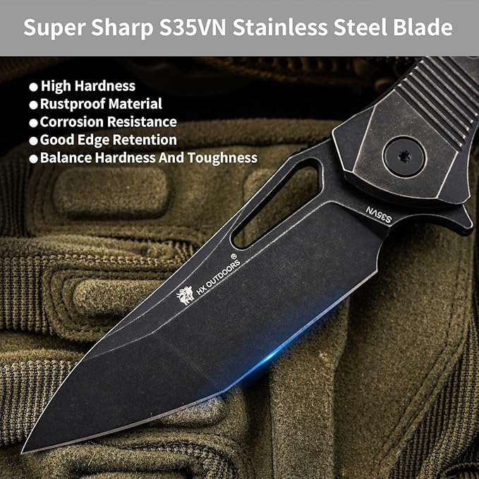 HX OUTDOORS Pocket Knife with Clip High End S35VN Steel Folding Pocket Knife with Titanium Alloy Handle EDC Knife for Camping Hiking Survival Outdoor Pocket Knives for Men