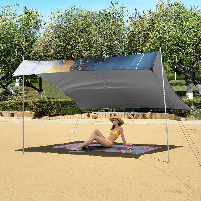 ALAZA Blue &amp White Marble Gold Texture Beach Tent Sun Shelter UPF50+ Protection Beach Shade Canopy w/ 4 Sandbags for Outdoor Camping Fishing Backyard Fun Picnic 10x9 ft
