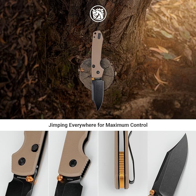 Vosteed Raccoon2.0 Bowie EDC Pocket Knife - 3.25 14C28N Black Stonewash Blade - Top Liner Lock Sand G10 Handle - Surviving Hiking Knives - A2927