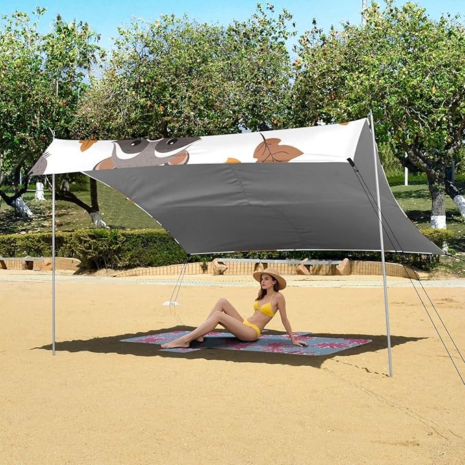 ALAZA Cute Cartoon Raccoons Leaves Beach Tent Sun Shelter Portable Canopy Sunshade for Outdoor Camping Picnics Backyard Fun 10x9 ft