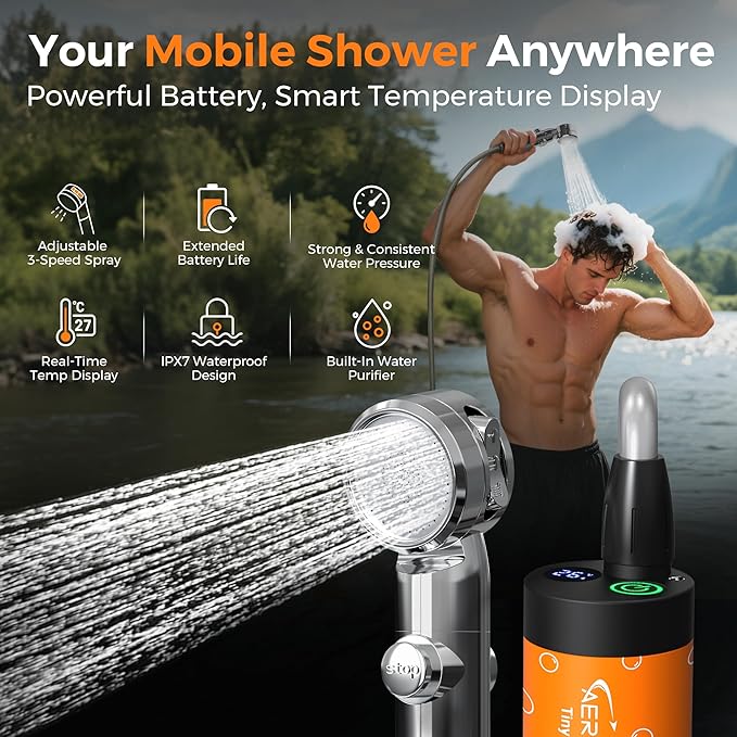 Portable Shower for Camping Rechargeable Shower Pump with LED Display 3-Level Spray Modes Bundled with Collapsible Bucket with Spigot 4 Gallon Portable Foldable Bucket with Handle for Camping