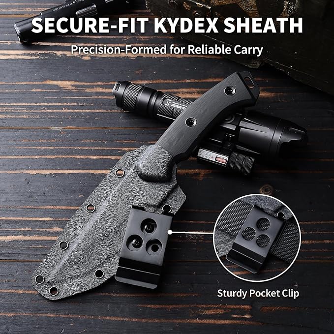 Camping Knife Full Tang 9.8 Hunting Knife with Kydex Sheath 4.1 Fixed Blade DC53 Steel Camping Knives for Hiking Survival Outdoor FBK-001