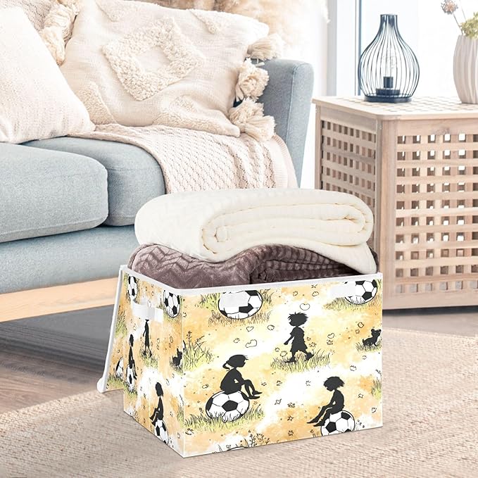 Orange Kids Soccer Ball Grass Storage Box with Lid 1 PC Foldable Storage Bin with Lids Stackable Storage Bins Cube Closet Organizer Basket with Flip-Top Lid &amp Handles for Shoes Books Towels