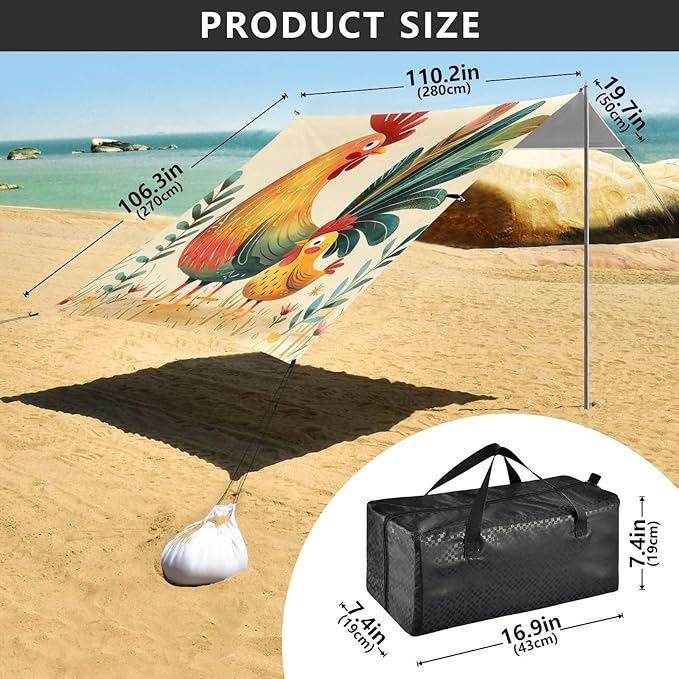 ALAZA Cute Rooster and Chicken Beach Tent Sun Shelter Portable Canopy Sunshade for Outdoor Camping Picnics Backyard Fun 10x9 ft