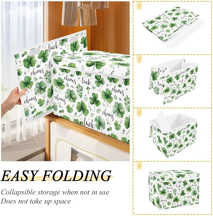 White Green Clover St. Patrick's Day Storage Box with Lid 1 PC Foldable Storage Bin with Lids Stackable Storage Bins Cube Closet Organizer Basket with Flip-Top Lid &amp Handles for Shoes Books Towels