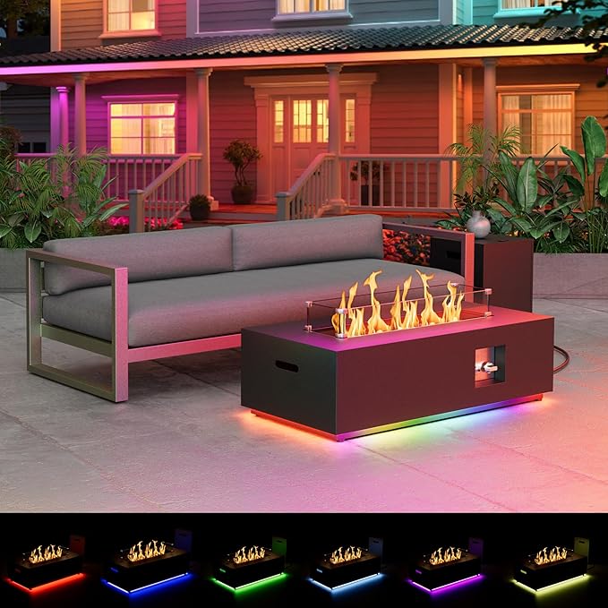 2-Piece 42 LED Rectangular Propane Fire Pit for Outside Patio with Hidden Tank Table 50000 BTU Fireplaces with Glass Wind Guard Lid Glass Rocks Cover(Black w/RGB Light)