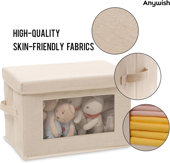 3-Pack Storage Bins with Lids Fabric Foldable Storage Bins with Soft Cord Handles Canvas Storage Bin with Lid for Organizing Clothes Blankets and Books Beige
