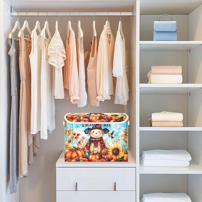 senya Large Storage Bins with Linen Words Hello Fall Collapsible Foldable Storage Cubes Fabric Closet Organizer Containers Box with Flip-Top Lid for Home Bedroom Office 16.7 x 12.6 x 11.8in