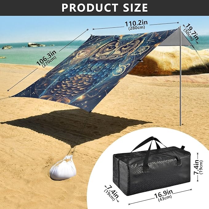 ALAZA Boho Style Owl Beach Tent Sun Shelter Portable Canopy Sunshade for Outdoor Camping Picnics Backyard Fun 10x9 ft