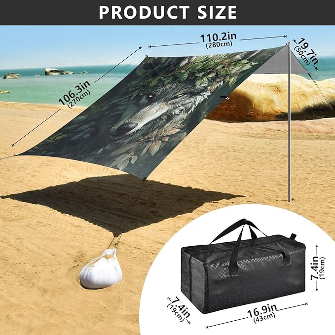 ALAZA Wolf King of Forest Beach Tent Sun Shelter UPF50+ Protection Beach Shade Canopy w/ 4 Sandbags for Outdoor Camping Fishing Backyard Fun Picnic 10x9 ft
