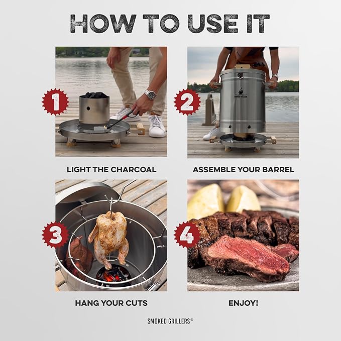 Barrel Smoker Grill Combo | 100% 304 Stainless Steel Barrel | 95% Less Smoke Even Heat | Easy to Use &amp Clean – Vertical Smoker Ideal for Balconies and Backyards (MEDIUM-25 LBS)