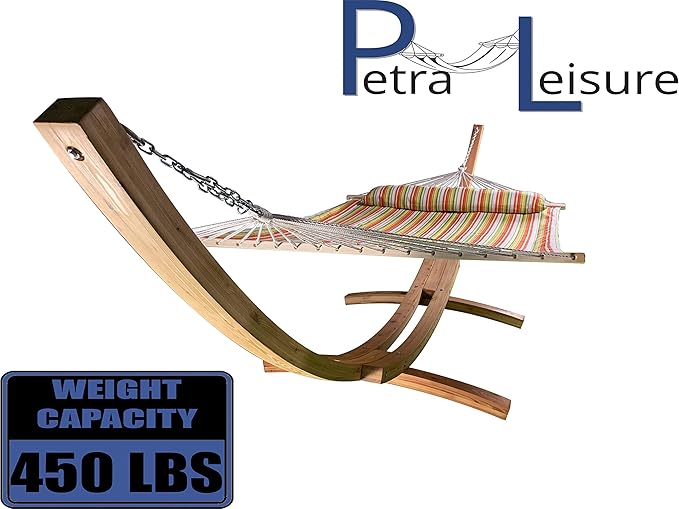 14 Ft. Wooden Arc Hammock Stand + Deluxe Quilted Double Padded Hammock Bed w/Pillow. 2 Person Bed. 450 LB Capacity(Natural Stain/Spring Stripe)