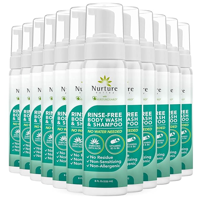 Nurture Rinse Free Body Wash &amp Shampoo w/Aloe | Hospital Grade Hair &amp Body Waterless Cleansing Foam | Women Camping Elderly &amp Hospital Patients | Shower Bath Hand Soap for Sensitive Dry