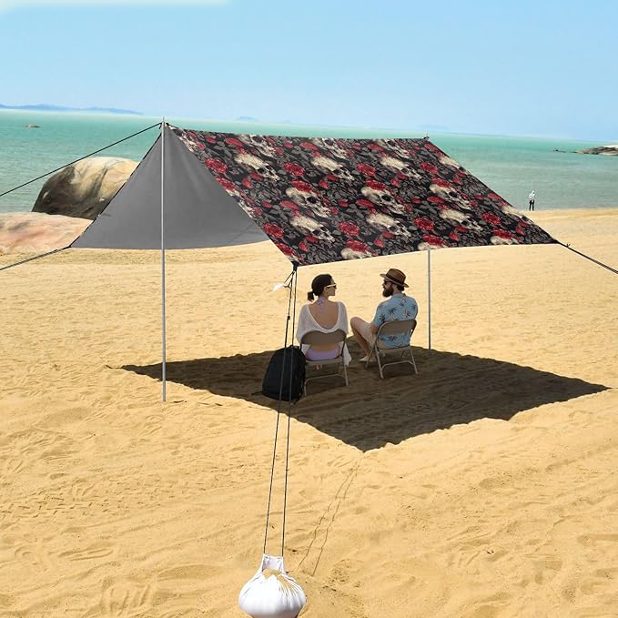 ALAZA Skull Red Rose Flower Floral Beach Tent Sun Shelter UPF50+ Protection Beach Shade Canopy w/ 4 Sandbags for Outdoor Camping Fishing Backyard Fun Picnic 10x9 ft