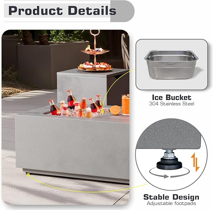 2-Piece 48 Rectangular Propane Fire Pit for Outside Patio with Hidden Tank Table &amp Ice Bucket 50000 BTU Fireplaces with Lid Glass Rocks Cover(Grey w/Ice Bucket)