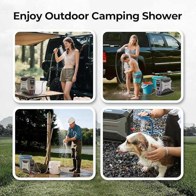 FOGATTI InstaShower GO Pro Portable Propane Hot Shower System 22000 BTU Instant Water Heater with 5000mAh Built-in Battery 12V Pump All-in-One Outdoor Shower for Camping Pets &amp Off-Grid Use