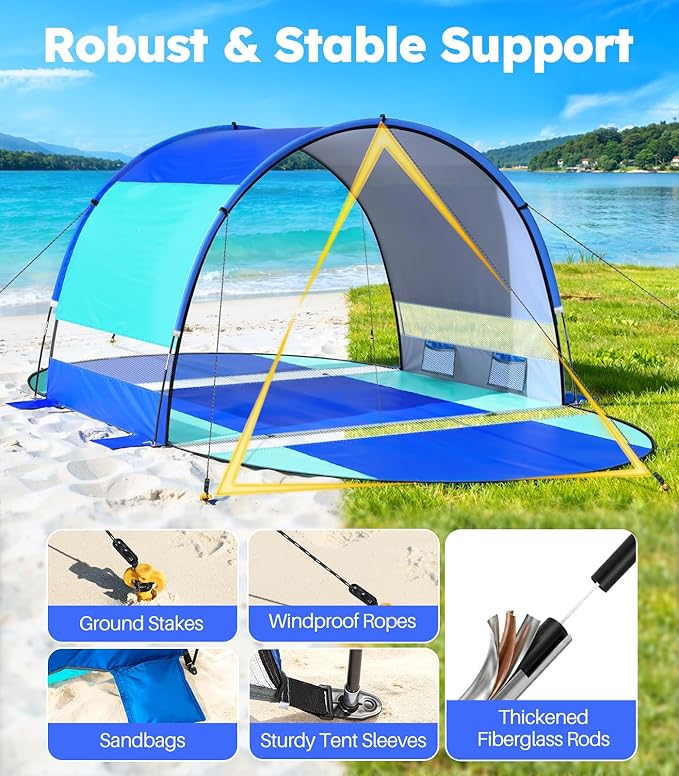 Rhino Valley Beach Tent with Double Zippered Doors Beach Tent Sun Shelter with UPF50+ UV Protection Beach Canopy Portable Storage Bag for Beach Camping Fishing for 3-4 People