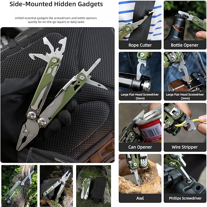 Multitools 19-in-1 Full-Size Lightweight EDC Multi-Purpose Pliers Nylon Bag Folding Knife Tactical Gear Tools Men Gift Ideas Equipment for Emergencies Hiking and Outdoor Camping (Green)