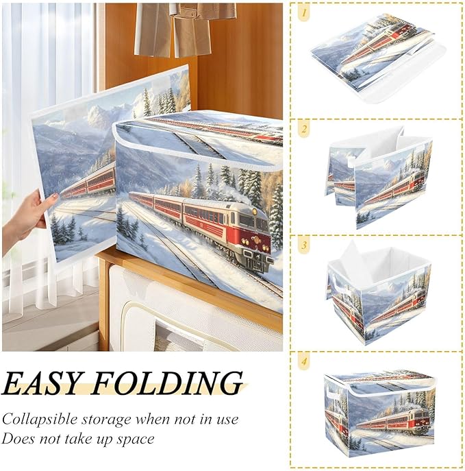 Storage Cube with Lid Snow Train Print 16.5×12.6×11.8 IN Collapsible Large Capacity Foldable Storage Basket Bin Organizer