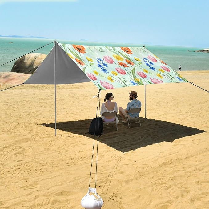 xigua Wildflowers Beach Tent Sun Shelter with Carrying Bag - Silver Coated Oxford Fabric Beach Canopy for Beach Camping Fishing - Includes Windproof Ropes Sandbags &amp Stakes