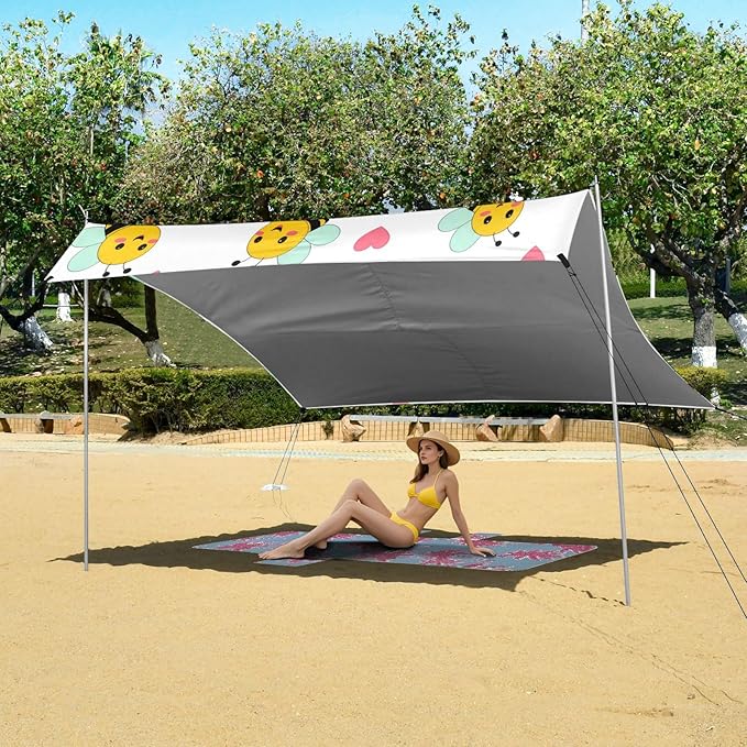 xigua Bees Beach Tent Sun Shelter with Carrying Bag - Silver Coated Oxford Fabric Beach Canopy for Beach Camping Fishing - Includes Windproof Ropes Sandbags &amp Stakes