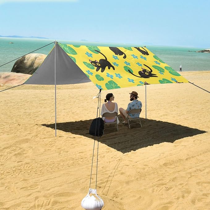 xigua Cat Beach Tent Sun Shelter with Carrying Bag - Silver Coated Oxford Fabric Beach Canopy for Beach Camping Fishing - Includes Windproof Ropes Sandbags &amp Stakes