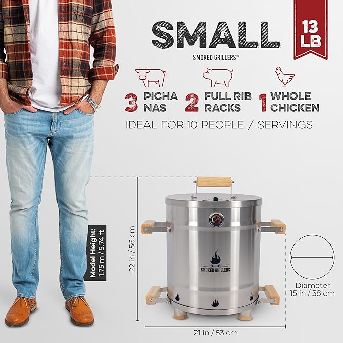 Barrel Smoker Grill Combo | 100% 304 Stainless Steel Barrel | 95% Less Smoke Even Heat | Easy to Use &amp Clean – Vertical Smoker Ideal for Balconies and Backyards (SMALL-13 LBS)