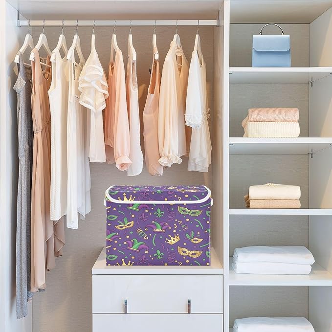 Collapsible Storage Bins with Lids Mardi Gras Carnival (2) Foldable Fabric Organizer Baskets for Closet Home &amp Seasonal Decor 16.5x12.6x11.8 Inches