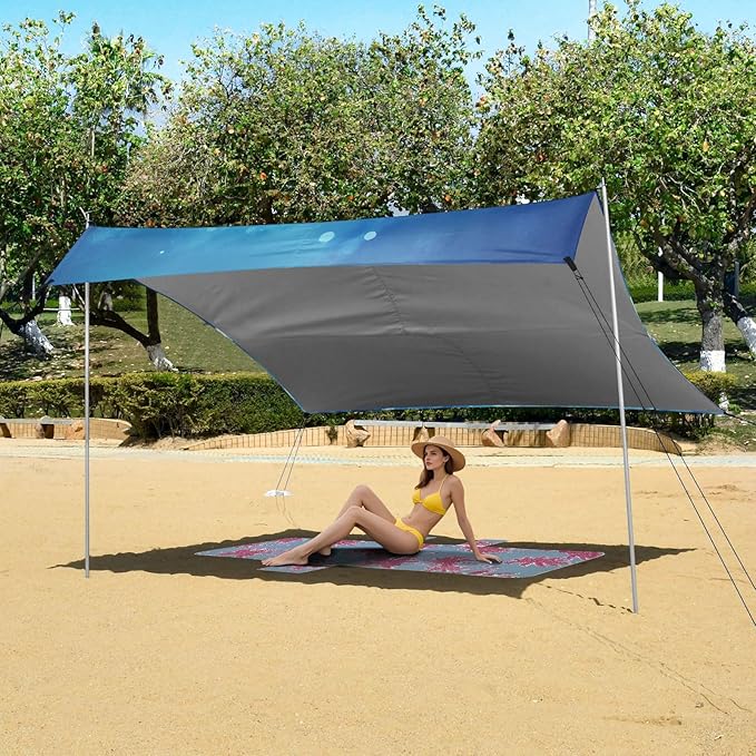 White Dandelions Foldable Beach Canopy UPF50+ Lightweight Large Sun Shelter with Sandbags &amp Sand Shovel for Camping Picnics Backyard &amp Fishing