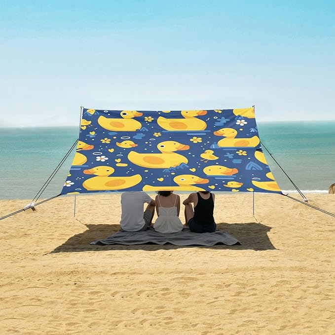 Yellow Duck Cartoon Foldable Beach Cabana UPF50+ Lightweight Portable Sun Shelter with Sandbags &amp Sand Shovel for Backyard and Camping