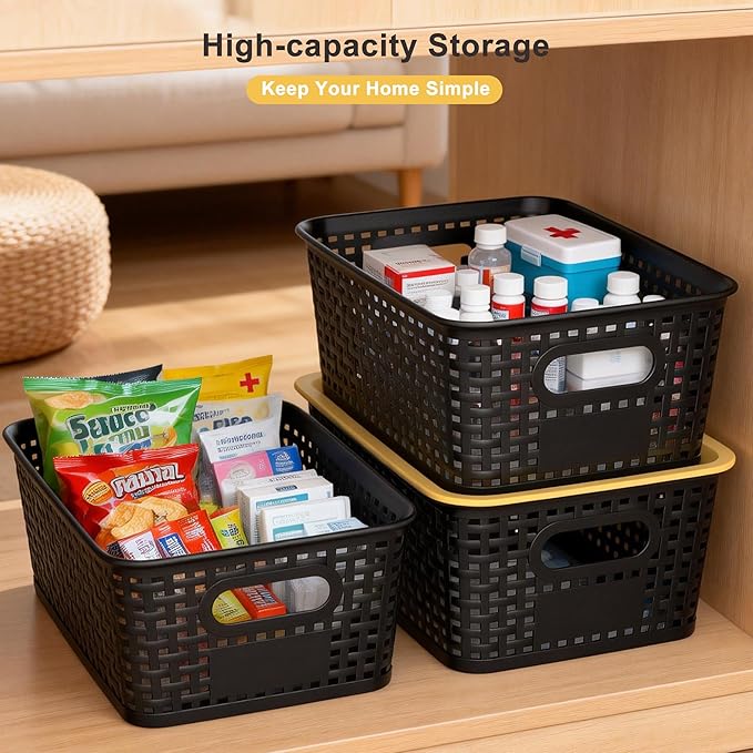 AREYZIN Plastic Storage Bins with LidStackable Storage Bins and Storage Baskets for ShelvesSmall Baskets for Organizing Small Storage Bins10.2x7.2x4.1 Inch6-Pack Black