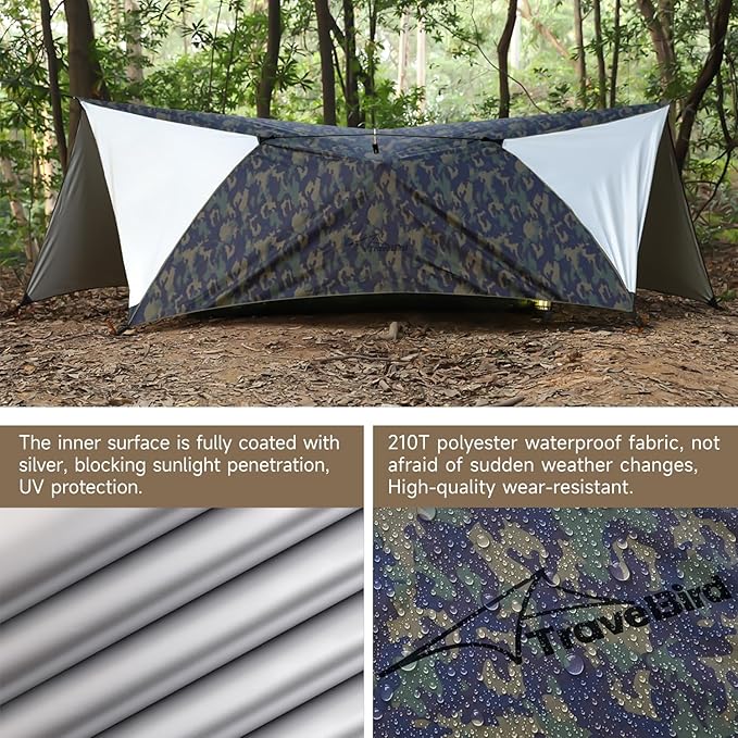 Ultralight Tarp 14ft Hammock Rain Fly Lightweight Waterproof Camping Tent Tarp with Doors Bushcraft Tarp Shelter for Backpacking Hiking Camping
