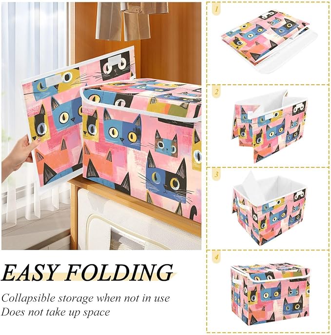 Abstract Cats Storage Cube Bins Basket with Lid Collapsible Flip-top Fabric with Handle for Home Bedroom Closet Office 16.5×12.6×11.8 in