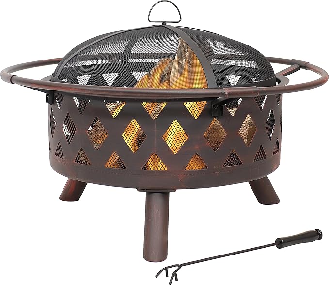 Sunnydaze Crossweave Outdoor Fire Pit - Wood-Burning Fire Pit for Outside with Spark Screen Poker and Round Cover - 30-Inch - Bronze