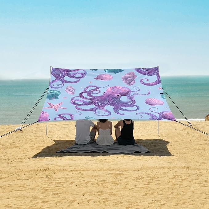 ALAZA Octopus Shell Beach Tent Sun Shelter UPF50+ Protection Beach Shade Canopy w/ 4 Sandbags for Outdoor Camping Fishing Backyard Fun Picnic 10x9 ft