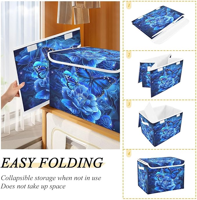 MNSRUU Containers Baskets with Lids Blue Rose Butterfly Fabric Foldable Storage Bins Organizer with Lid Collapsible Storage Boxes for Home Bedroom Closet Office