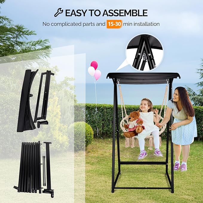 OnCloud Outdoor Hammock Chair Stand with Canopy Heavy Duty Hammock Stand Only Swing Stand with 3 Hooks Max Load 660lbs Fits Most Hanging Chairs Frame Black